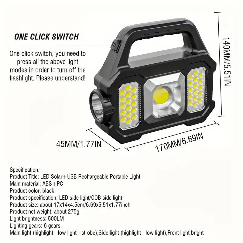Solar Portable Flashlight & Handheld Searchlight with Side Lights